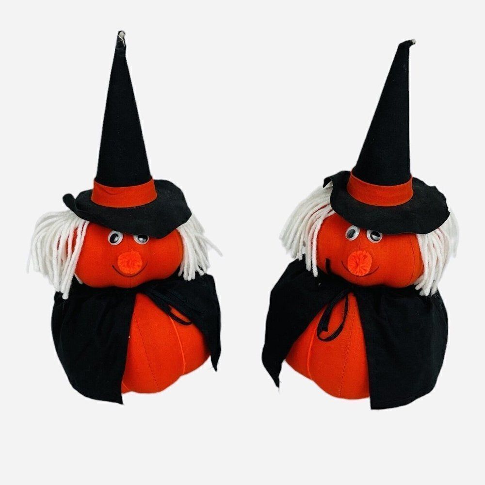 Vintage Set 2 Handmade 11" Plush Pumpkin Witches Halloween Spooky Cute Decor